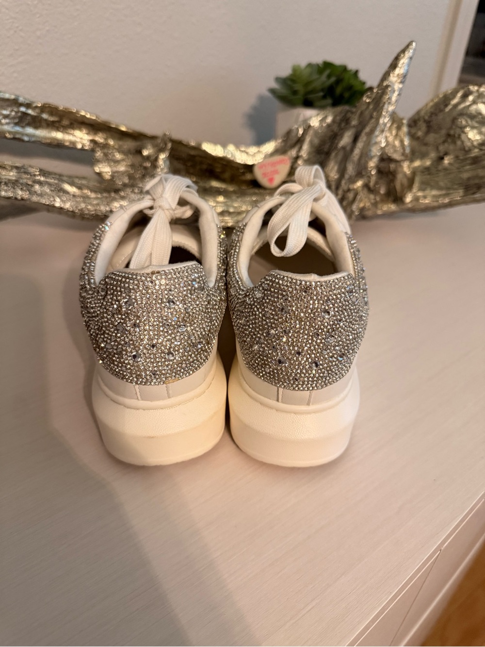 Steve Madden White Platform Sneakers with Crystal Embellished Heel Glacier sz 6 - Picture 4 of 5
